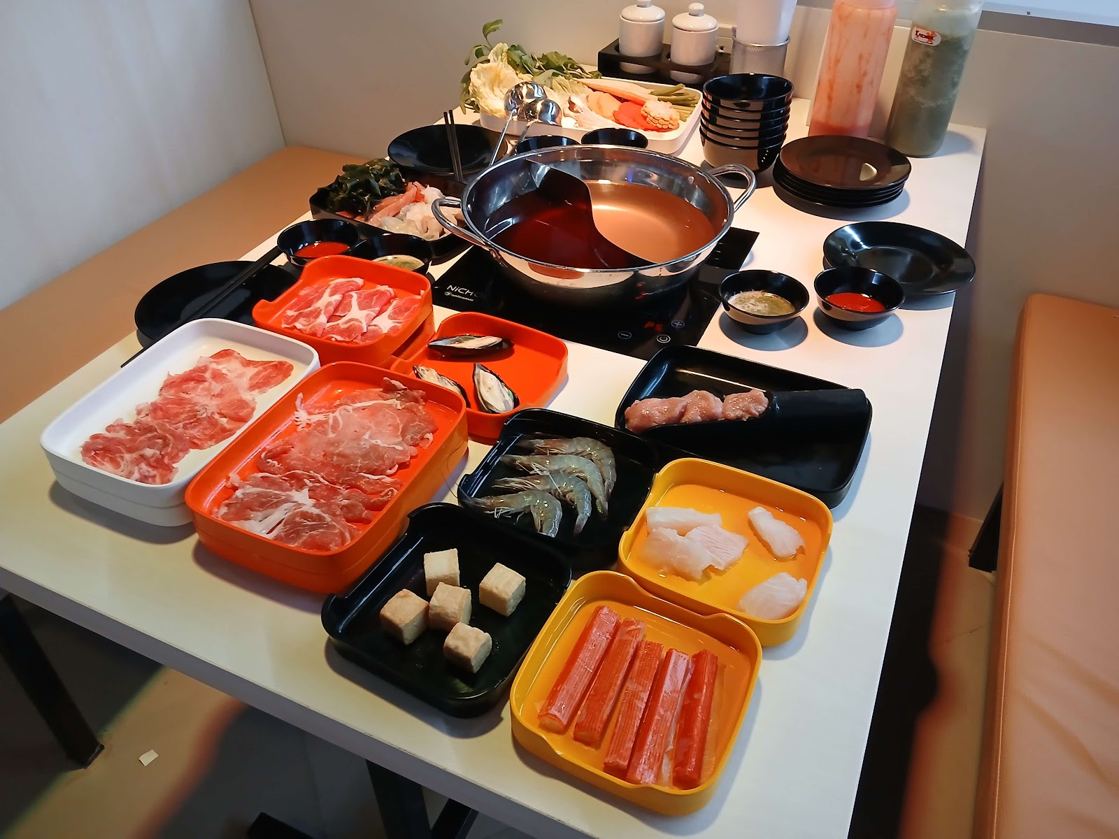 Shabu and hotpot with meat, seafood and vegetables at Saneha Suki restaurant